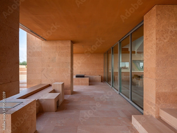 Fototapeta Modern Terracotta Architecture with Glass Facade and Built in Seating