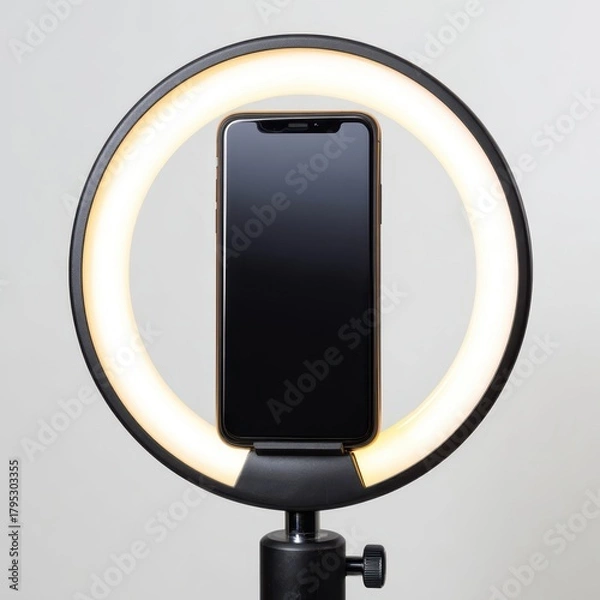 Fototapeta Modern smartphone mounted inside a bright led ring light for content creation