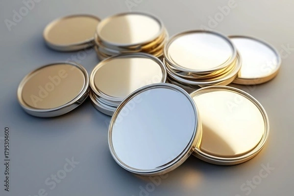 Fototapeta shiny gold round metal badge mockups with smooth edges, luxury, elegant display, neutral background