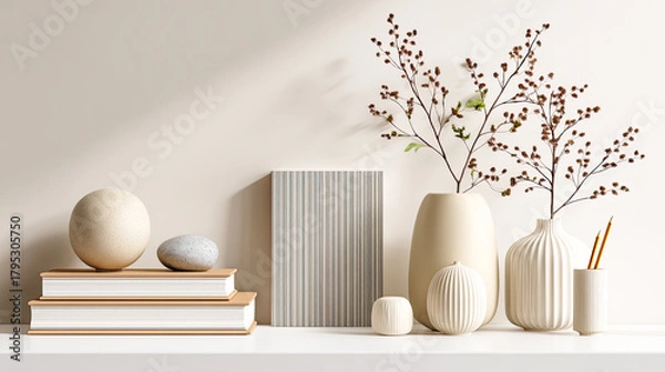 Fototapeta Moderne, helle Szenen mit klaren Mockups für Buchcover, Zeitschriften und Softcover-Layouts auf neutralen Oberflächen. Weiches Tageslicht, ruhige Farben und minimalistische Arrangements