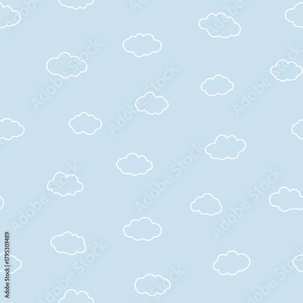 Fototapeta Lineart cloud seamless vector pattern cartoon continuous line soft blue background Fabric Print