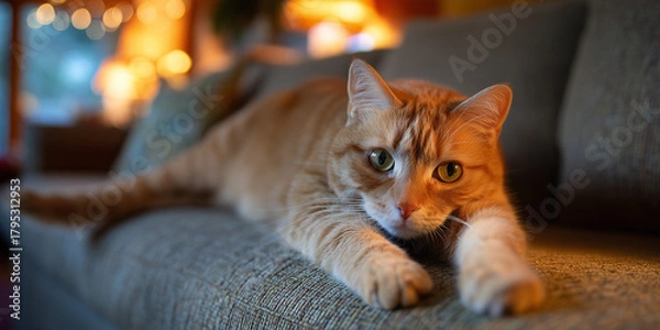 Obraz Orange tabby cat lying on a couch with paws stretched forward, looking alert and curious in a warmly lit cozy room with bokeh lights in the background