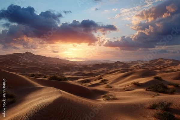 Fototapeta Dramatic desert sunset with dramatic clouds casting warm light over rolling sand dunes and distant mountains