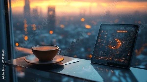 Fototapeta coffee on window ledge placed beside digital tablet with futuristic interface showing outside weather, sci-fi concept