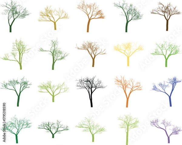 Fototapeta Various Tree Silhouettes in Different Colors on White Background for Creative Designs.