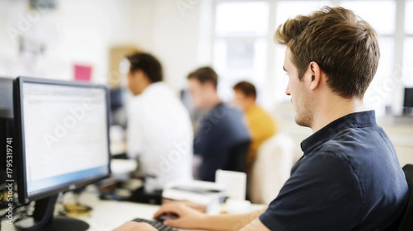 Obraz Young man with short hair working at a computer in a modern office environment, focused on screen, with colleagues collaborating in the background, showcasing teamwork and productivity