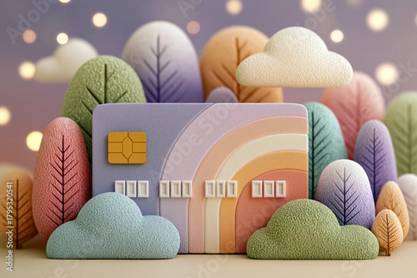 Fototapeta Rainbow-themed clay credit card in a stylized pastel landscape with textured clouds