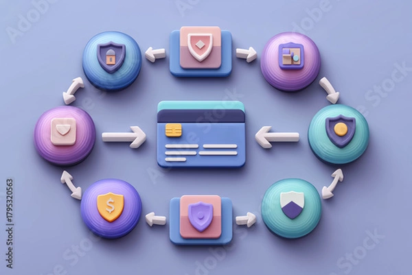 Fototapeta Circular protection workflow with stylized fintech stages and multi-shield security nodes