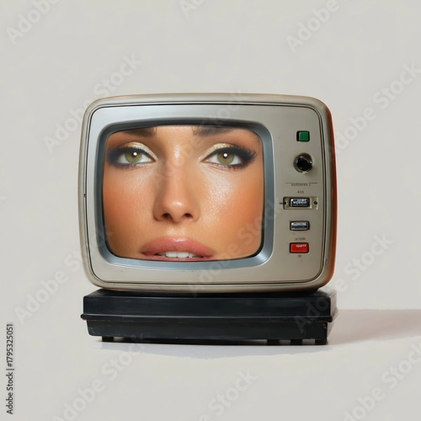 Fototapeta Creative portrait of a person displayed on a vintage television set with a white background