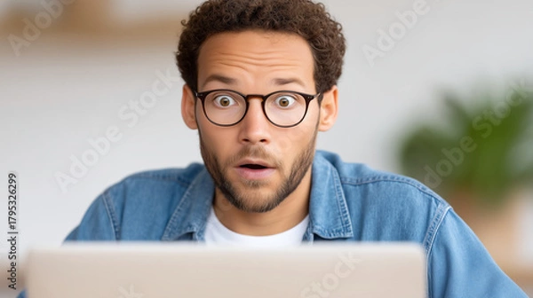 Fototapeta Surprised man with curly hair and glasses is staring at a laptop screen, expressing shock and amazement, in a bright indoor environment with plants in the background