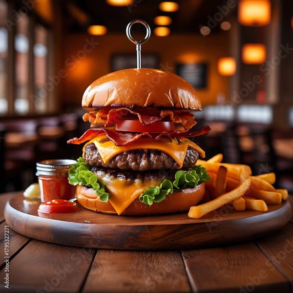 Fototapeta Juicy Double Cheeseburger with Bacon and Fries – Gourmet Food Photography.
