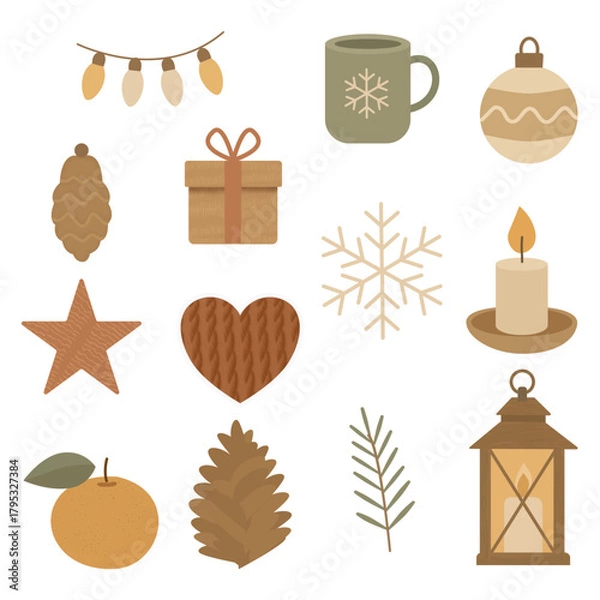 Fototapeta Cozy Christmas elements in warm beige and brown tones: mug, candle, gift, snowflake, lantern, pinecone, and heart. Perfect for winter holiday decoration and design.