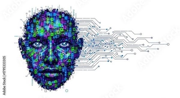 Fototapeta Digital human face formed by circuits and data patterns, representing artificial intelligence, machine learning, and the futuristic evolution of technology and humanity
