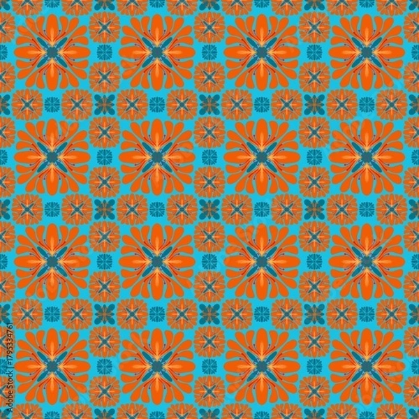 Fototapeta seamless vintage wallpaper,red,orange curves ,painted create to flowershape, leaves, blue background in geometric patterns as sarong,fabric,tile,printed fabric,batik,tablecloth patterns.