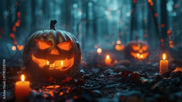 Obraz Spooky Halloween night scene with glowing jack-o'-lanterns and flickering candles in a misty forest, perfect for holiday promotions and eerie designs