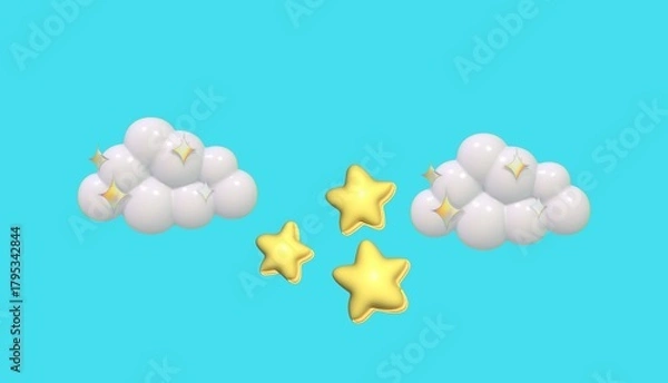 Fototapeta 3D Cloud and Star Elements – Dreamy Cartoon Icon Set – on Blue Background Illustration 300 DPI. Soft, whimsical cloud and star vector icons. Perfect for kids decor, bedtime themes, apps, or fairytale 