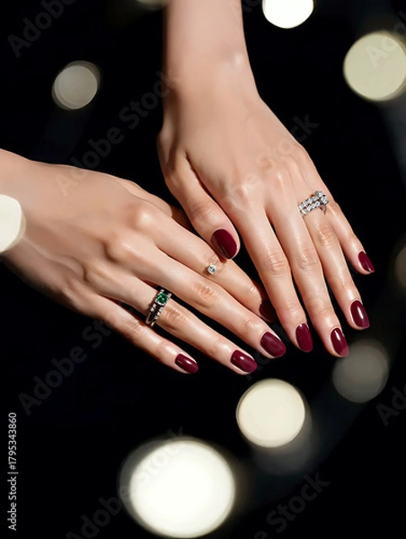 Fototapeta Close-up of female hands with stylish manicure against festive bokeh lights. Detailed nail design, glossy polish and elegant hand pose for beauty category.