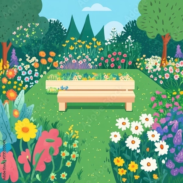 Fototapeta Idyllic garden scene with bench, vibrant flowers, green grass, and trees.