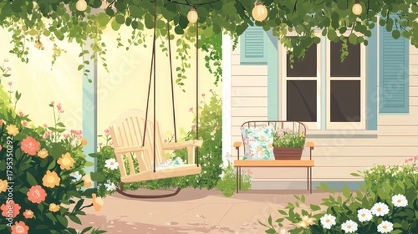 Obraz Sunny porch with swing, flowers, and bench.