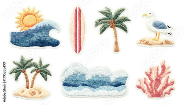 Fototapeta Colorful Surf and Sea Inspired Stickers Featuring Palm Trees and Waves