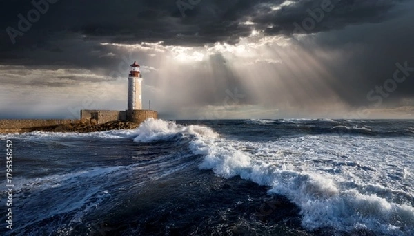 Fototapeta a dramatic lighthouse illuminates stormy seas guiding ships safely through turbulent waters under a dark cloudy sky