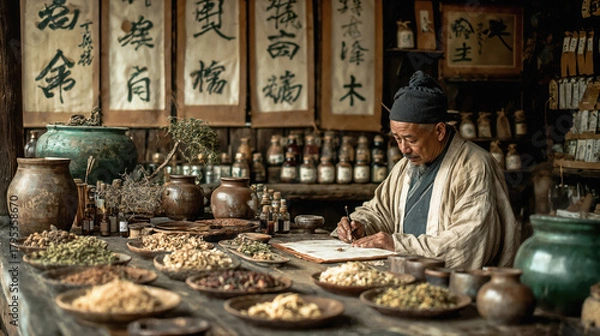 Fototapeta An elderly Asian man with gray hair sits at a wooden table covered with various herbs and spices. Traditional Chinese calligraphy adorns the walls behind him.