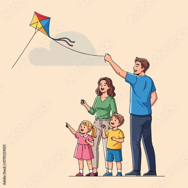 Obraz Joyful family flying a vibrant kite on a sunny day, creating happy memories