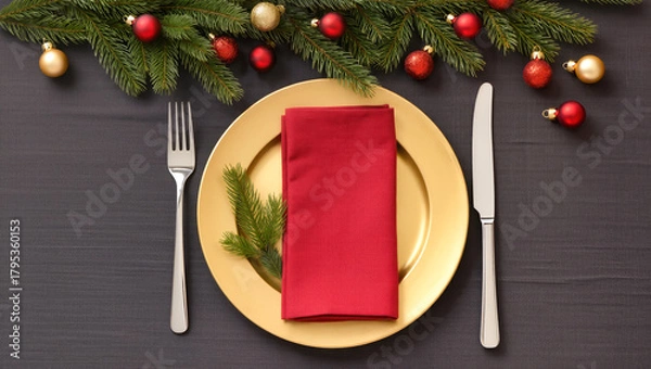Obraz Christmas table setting with gold plate, red napkin, silver cutlery and fir branches decorated with red and gold baubles on dark festive background