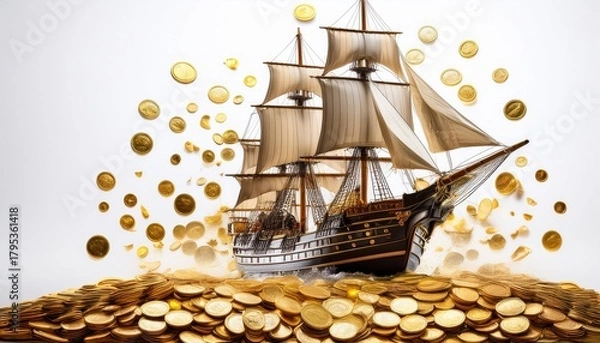 Fototapeta a ship navigating through a sky of falling gold coins realistic background depicting wealth and ambition isolated on a white background with ample copy space
