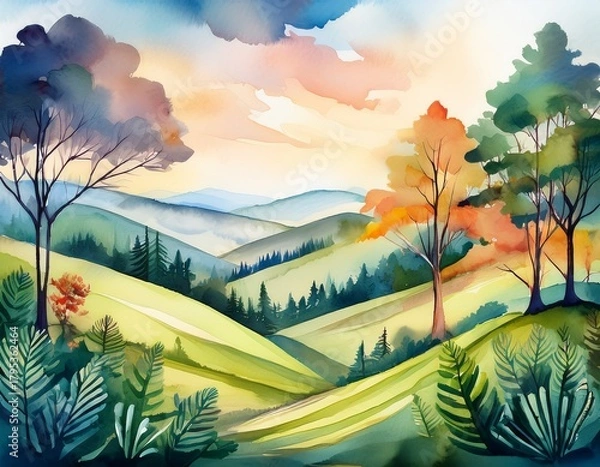 Fototapeta a serene watercolor depiction of a forest hill landscape serves as a stunning background complete with lush trees vibrant nature and a brilliant sky