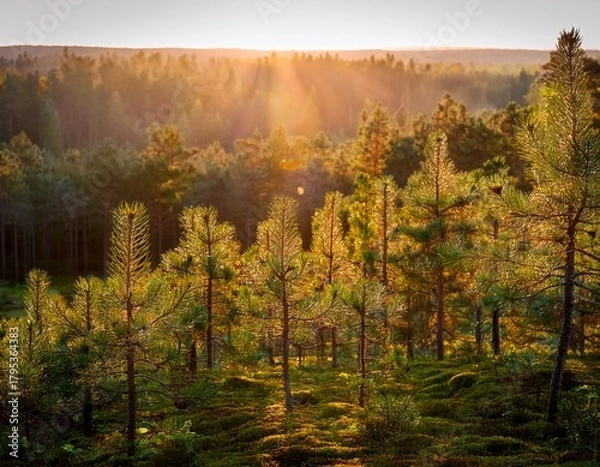 Fototapeta evening light illuminates a nordic pine forest with a shallow depth of field
