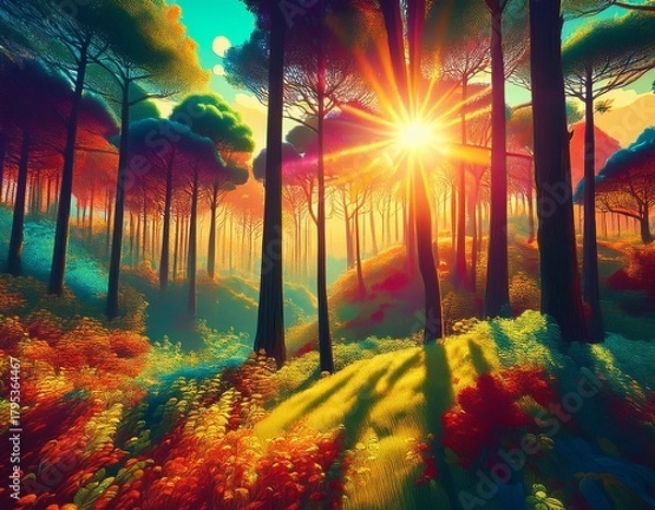 Fototapeta on a sunny day the sun shines through the trees in the forest with the help of generative ai