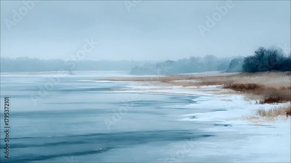 Fototapeta Expansive Frozen Lake and Snowy Shoreline with Gentle Icy Textures in a Muted Winter Landscape Exuding Serene Isolation and Soft Pastel Hues