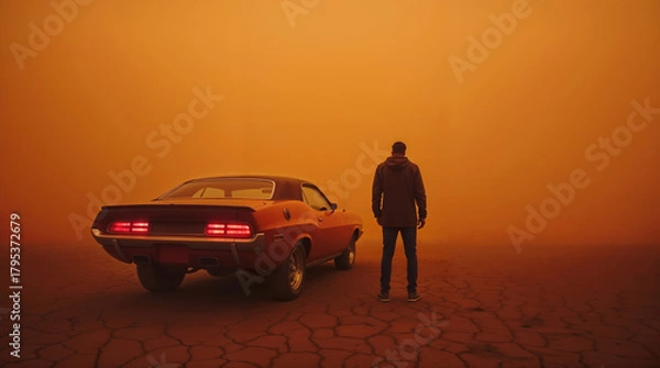 Obraz Man and a classic muscle car on dry cracked earth in an orange dystopian landscape