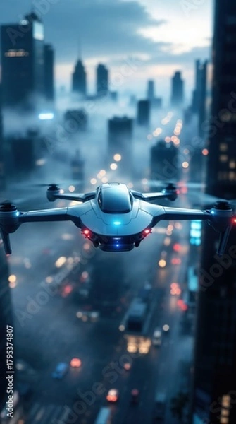 Fototapeta Futuristic surveillance drone with blue LED lights flying over a dense, foggy metropolis at night