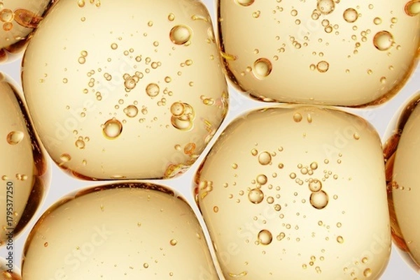 Obraz Golden translucent capsule-like forms with internal microbubbles, ideal for supplement branding, wellness advertising, and premium macro visuals