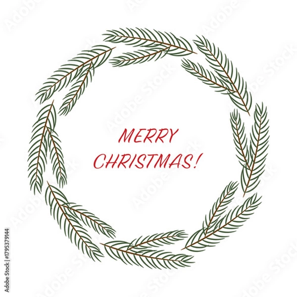 Obraz Circle Christmas wreath, border or frame of fir tree. Flat vector illustration on a white background. Merry Christmas!