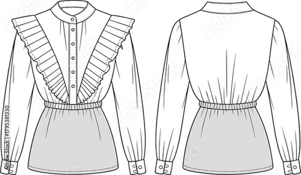 Fototapeta Ruffled yoke blouse fashion flat technical sketch vector illustration drawing with stand collar, long sleeves, and elastic shirred hem.
