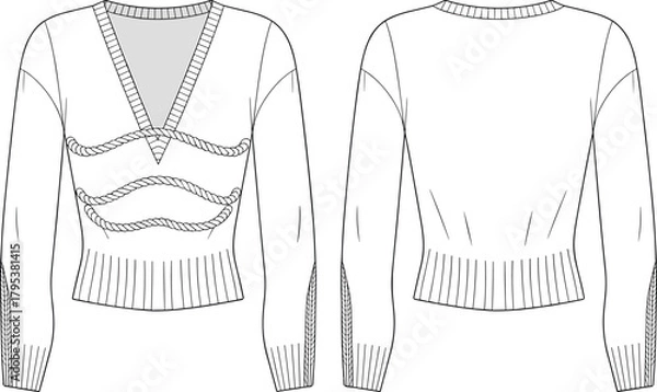 Fototapeta Cropped rope embellished V-neck sweater fashion flat technical sketch vector illustration drawing with ribbed hem and split sleeves.