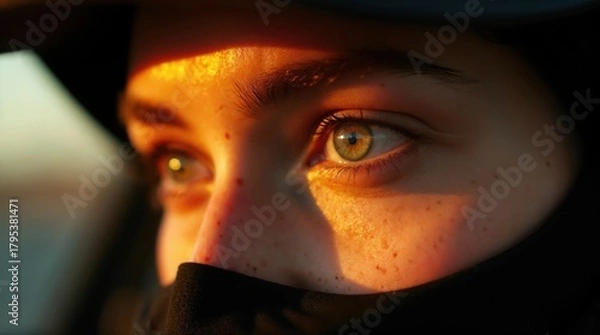 Fototapeta Close-up of a young woman with green eyes and freckles. She wears a black face covering and a dark hat. The sunlight highlights her features.