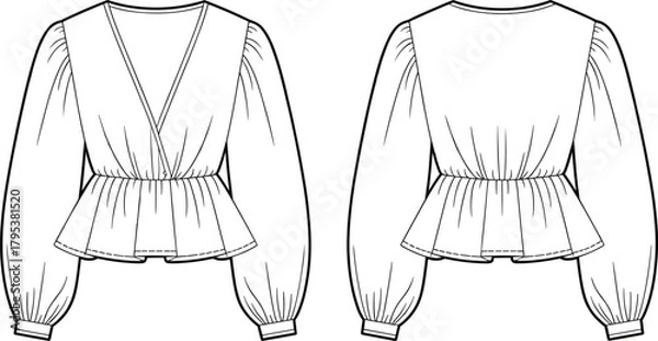 Fototapeta Wrap front peplum blouse fashion flat technical sketch vector illustration drawing with V-neck, long voluminous balloon sleeves.
