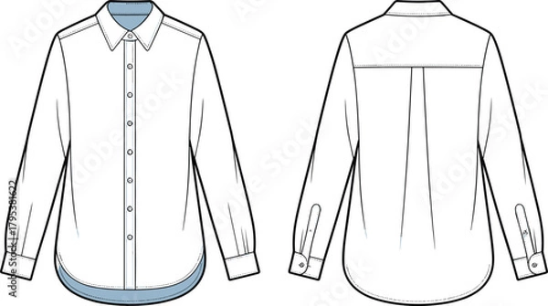 Obraz Fitted classic long-sleeve women's button-up shirt fashion flat technical sketch vector illustration drawing with cuffs and collar.