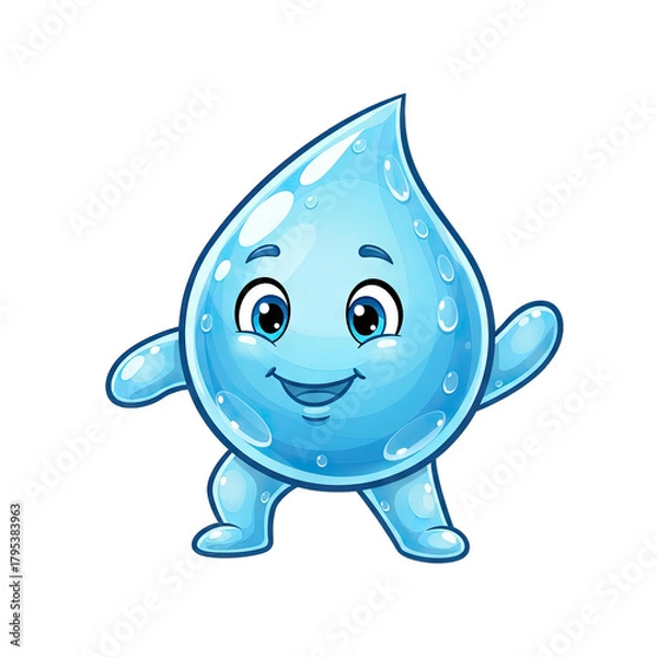 Obraz Happy cartoon water drop character dancing and smiling with blue and white colors on a transparent background