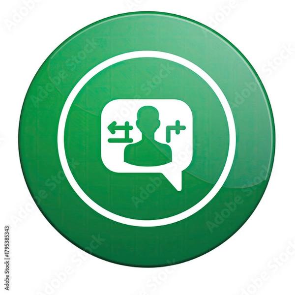 Obraz Glossy Green Circular Icon with White Silhouette of Person and Chat Bubbles Indicating Communication and Direction