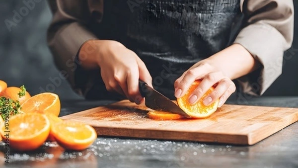 Fototapeta A chef wearing a dark apron and uniform is slicing a fresh vibrant orange on a wooden cutting board with a large knife. This close-up shot captures the preparation process for marmalade.