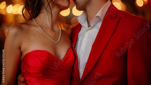 Fototapeta Couple in elegant suit and luxurious red evening gown attend a romantic nighttime party, exuding sophistication and glamour in their stylish attire under the event lights.