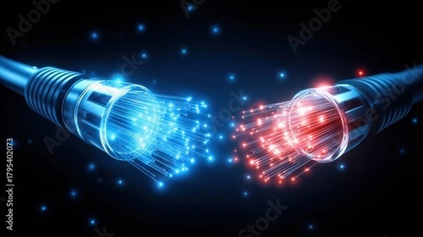 Fototapeta Concept of secure communication using quantum cryptography. Two fiber optic cables emit blue and red light, symbolizing high-speed data transfer in a digital environment.