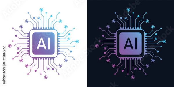 Fototapeta Artificial Intelligence AI Chip in Human Brain. Artificial Intelligence icon with Machine learning, digital skills, generative AI, AI technology, algorithm, virtual intelligence and future	
