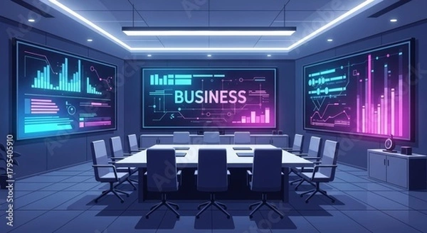 Fototapeta Futuristic business conference room with digital displays showing financial data and charts in a modern setting