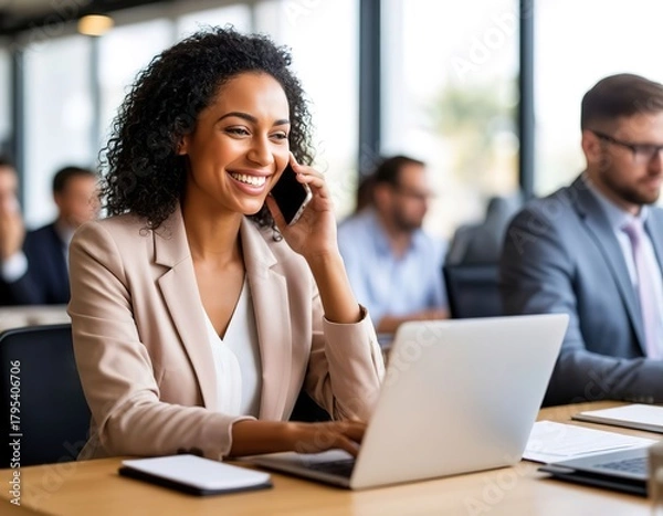 Obraz Businesswoman smiling, talking on the phone and working on a laptop in the office among colleagues.